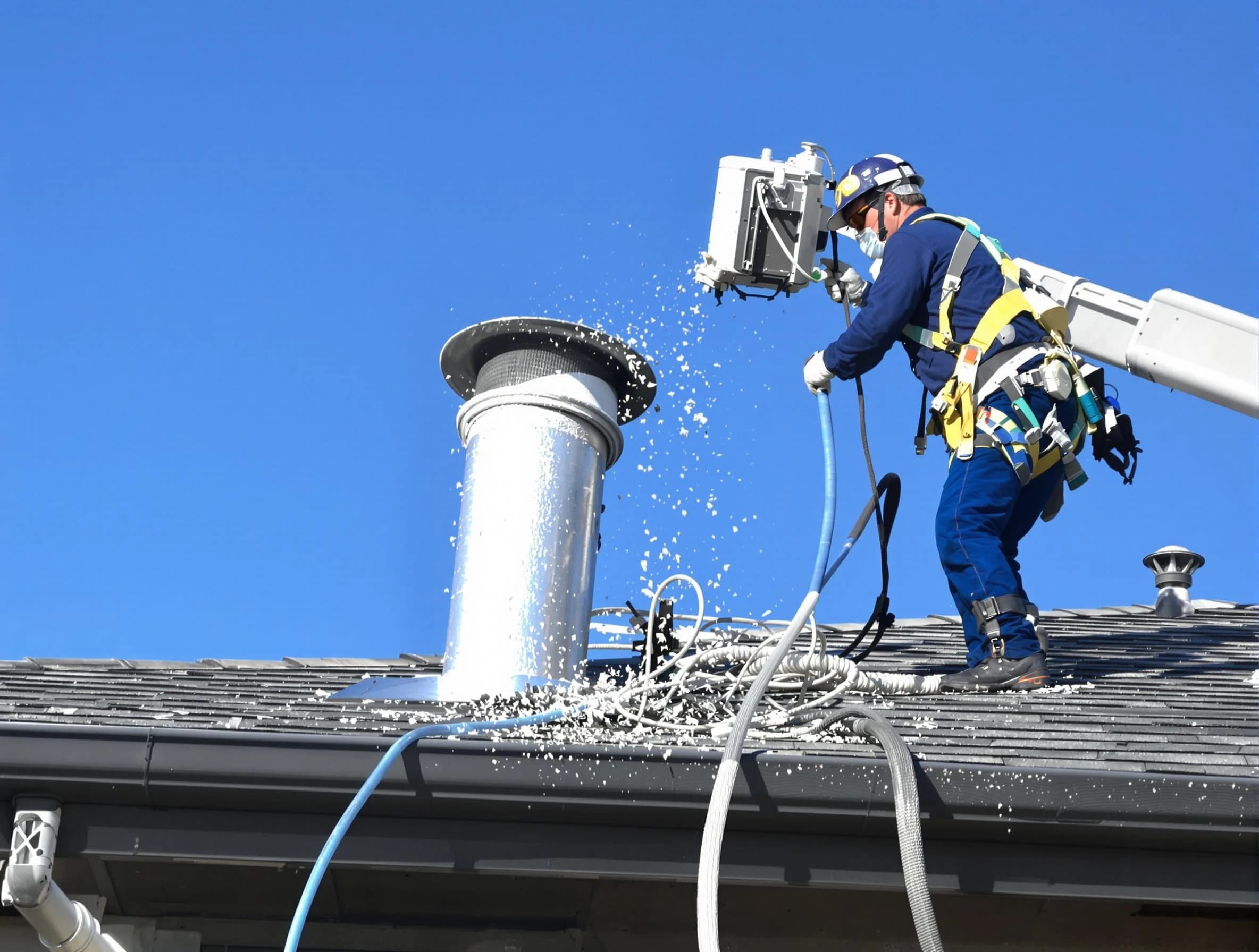 Ohio Dryer Vent Cleaning certified technician safely cleaning a roof-mounted dryer vent in Ohio
