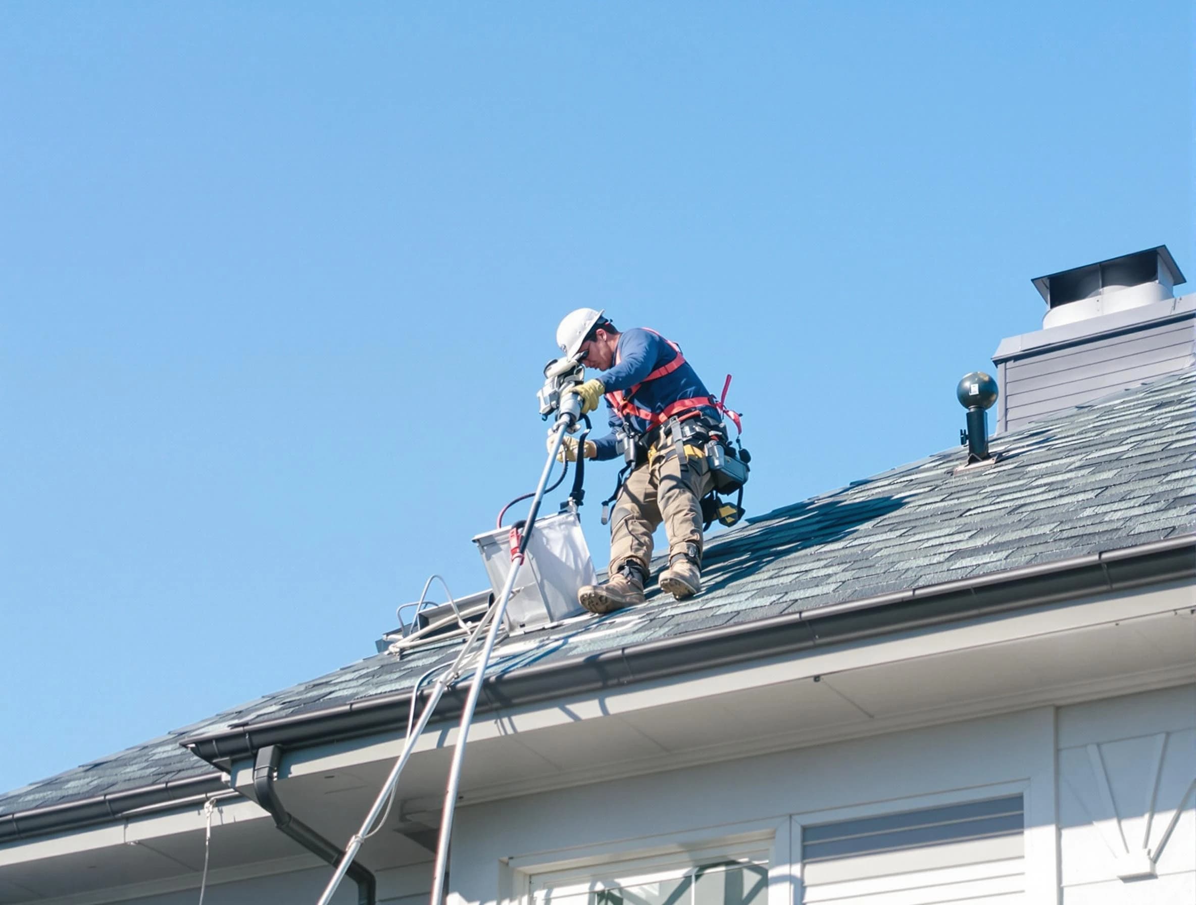 Ohio Dryer Vent Cleaning certified technician cleaning a roof-mounted dryer vent system in Ohio
