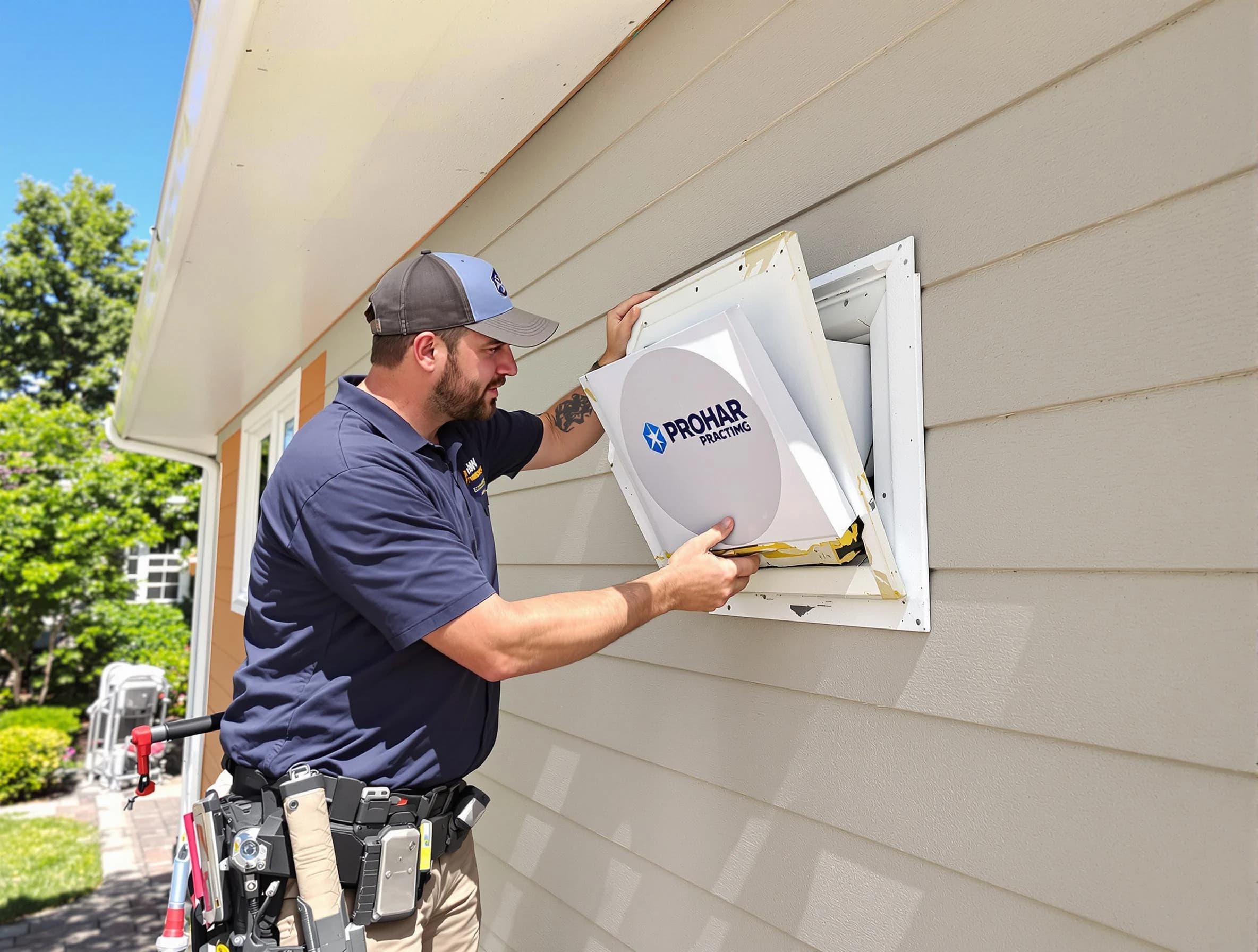 Ohio Dryer Vent Cleaning technician installing a new protective dryer vent cover on a home in Ohio