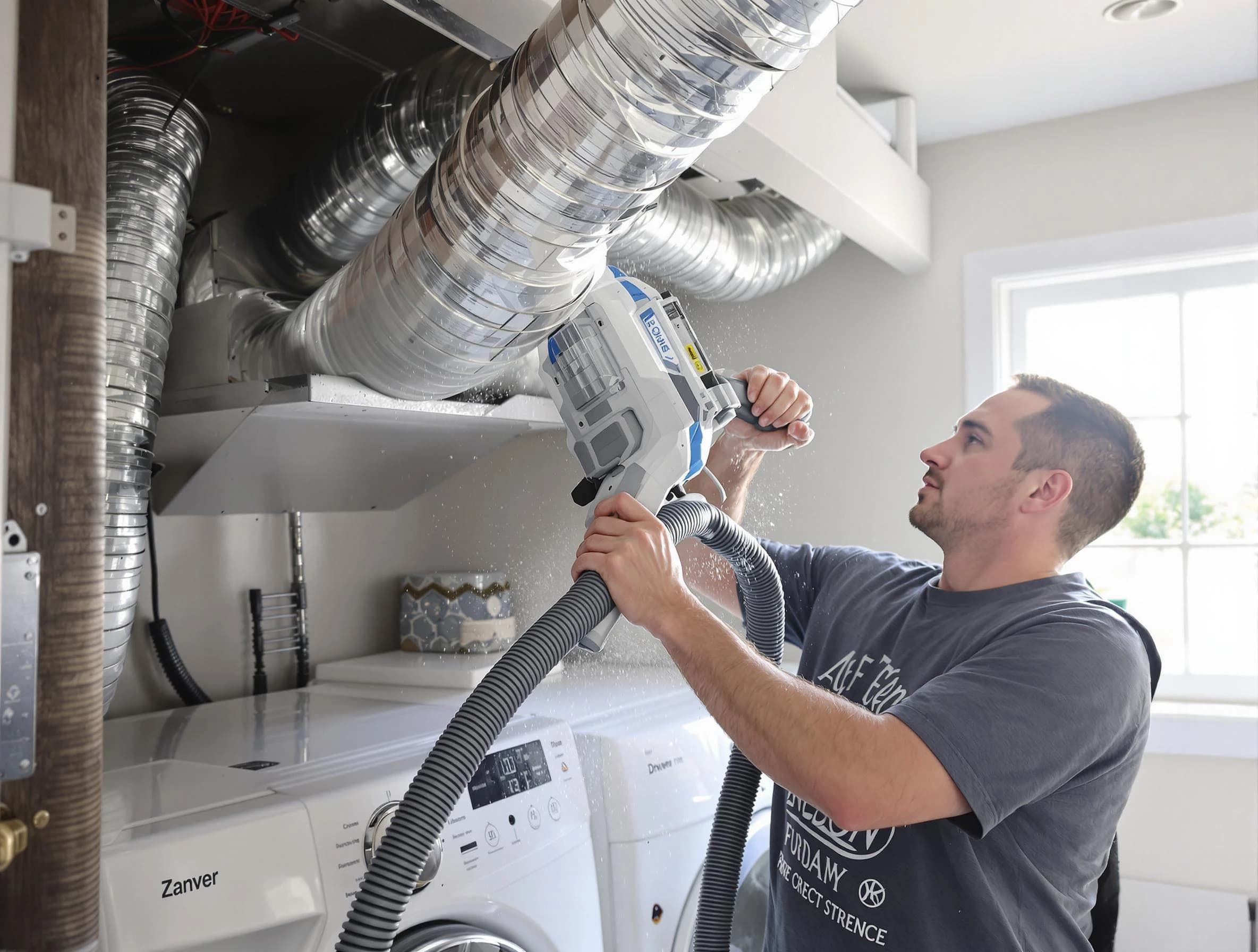 Ohio Dryer Vent Cleaning specialist cleaning deep within a dryer vent duct system in Ohio