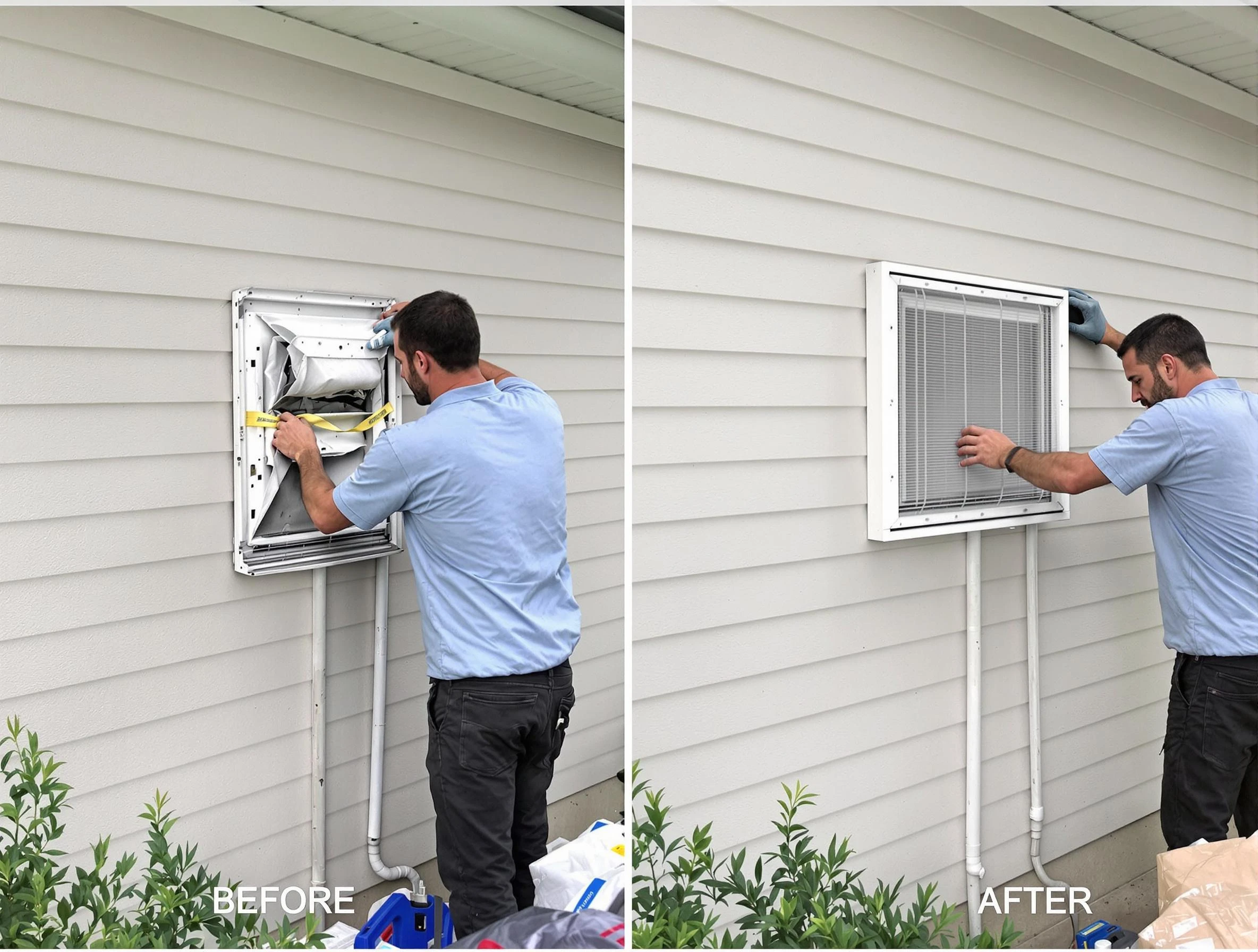 Ohio Dryer Vent Cleaning technician installing high-quality dryer vent cover at a residential property in Ohio
